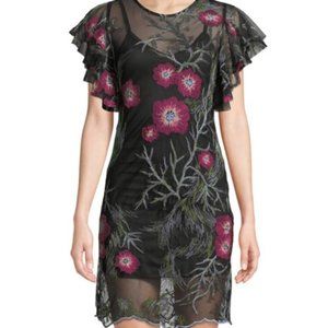 Free Generation Floral Embroidered mesh midi Dress short sleeves black . Medium